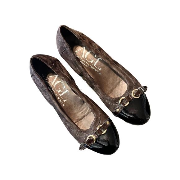 AGL Ballet Flats Brown Monika Cap Toe Suede Patent Leather Shoes Buckle 36 EUC - Picture 1 of 11